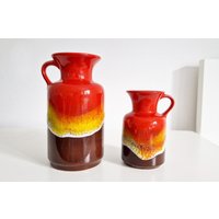 Vintage 70Er Jahre 2Er Set Moderne Braun Rot Orange Gelb Weiß Blau Fat Lava Vasen Jasba N 602 12 14 20 Keramik Made in Germany von VintagePillaging