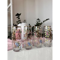 Set Von 4 Vintage Handbemalten Gläsern - Florale Gold Vergoldete Hohe Becher Elegante Boho Glaswaren von VintagePragueObjects