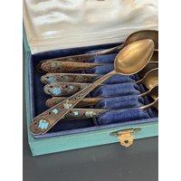 Silber 875 Seltenes Cloisonne Emaille Löffel Set Udssr 1958 von VintagePragueObjects