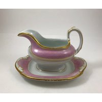 Antike 19Thc Victorian Pink Pearlware Keramik-Sauciere Mit Befestigtem Liner von VintagePrairieGems