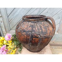 Große Antike Vase Keramiktopf Aus Draht Gebacken Vintage Tontopf Steingutgefäß Antike Landhauskeramik Bauernhaustopf Primitive Rustikales Dekor von VintagePresents