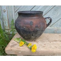 Vintage Tontopf Große Antike Vase Keramik Crock Rustikales Küchendekor Bauernhaus Ton Blumenvase Landkeramik Primitive Antiquitäten von VintagePresents