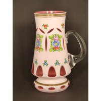 Boho Böhmen Handbemalter Emaille Weiß Schliff Zu Cranberry Glas Krug von VintageRetroEu