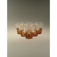 Boho Czech Novy Bor Borocrystal Art Glass Set Von 6 Stück Klare Bernstein Schliff Schnapsgläser Selten von VintageRetroEu