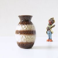 Bay Keramik, Beige-Weiße Mid Century Vase, Abstraktes Dekor, Westdeutsche Keramik von VintageRetroVases