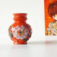 Bay Keramik, Orange Mid-Century Vase, Buntes Blumendekor, Westdeutsche Keramik von VintageRetroVases