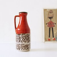 Bay Keramik , Rot Und Cremeweiß Mid-Century Vase, Braunes Blumendekor, Westdeutsche Keramik von VintageRetroVases