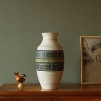 Bay Keramik Große Grün-Beige Mid-Century Vase, Abstraktes Dekor, Westdeutsche Keramik von VintageRetroVases