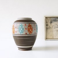 Carstens Braune Mid-Century Vase, Buntes Abstraktes Dekor, Westdeutsche Keramik von VintageRetroVases