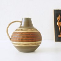 Dümler Und Breiden Mid Century Grün, Gelb Und Ziegelrot Vase Sgraffito Dekor, Westdeutsche Keramik von VintageRetroVases