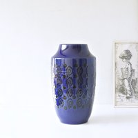 Dümler Und Breiden Xl Mid Century Lava Vase, Blau Schwarz, Abstraktes Dekor, West German Pottery von VintageRetroVases