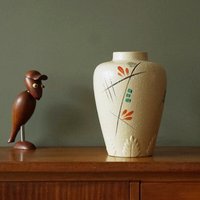 H. Bequet Soft Yellow Mid Century Vase, Buntes Abstraktes Dekor, Belgien Keramik von VintageRetroVases