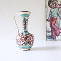 Jawe Rot Und Grün Handbemalte Mid Century Vase, Westdeutsche Keramik von VintageRetroVases