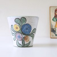 Ruscha, Weißer Mid Century Übertopf, Bunter Blumentopf von VintageRetroVases