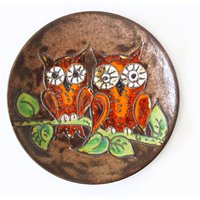 Ruscha Bunter Mid Century Fat Lava Wandteller, Wandteller Eulen, West Germany Pottery von VintageRetroVases