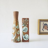 Ruscha Paar Karamel Vasen, Abstraktes Dekor in Grün Und Weiß, Westdeutsche Keramik von VintageRetroVases