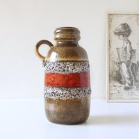 Scheurich Mid Century Fat Lava Vase in Braun, Weiß Und Rot von VintageRetroVases