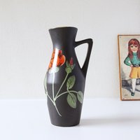 Scheurich Schwarze Mid Century Vase, Rote Rose Dekor, Westdeutsche Keramik von VintageRetroVases