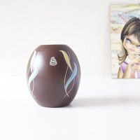 Siershahn Braun Mid Century Vase, Abstraktes Dekor in Blau Und Gelb, Westdeutsche Keramik von VintageRetroVases