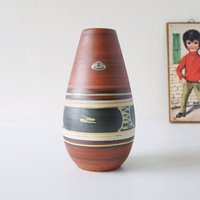 Ü-Keramik Braun Mid Century Vase, Abstraktes Dekor. Westdeutsche Keramik von VintageRetroVases
