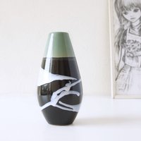 Veb Haldensleben Schwarz, Weiß Und Grün Mid-Century Vase, Abstraktes Dekor, Ddr Keramik von VintageRetroVases