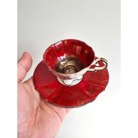 Alka Kunst Bavaria Espressotasse & Untertasse - 1960Er Vintage Porzellan in Dunkelrot Und Gold von VintageStoryDesign
