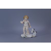 Gerold & Co Tettau - Porzellanfigur Cherubin Mit Hund Exzellenter Zustand 1960Er Jahre von VintageStoryDesign