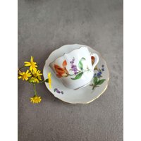 Meissen Mokkatasse Mit Untertasse | Handgemalte Blumen, Goldrand, 1970Er von VintageStoryDesign