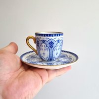 Rosenthal Sammlerstück Espressotasse & Untertasse, 1910Er Jahre Antikes Dünnes Porzellan, Blau Und Weiß Mit Gold, Deutsches Jugendstil Kaffeeset von VintageStoryDesign