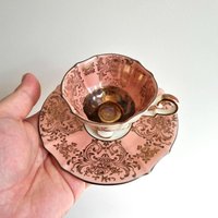 Vintage Alka Kunst Bavaria Espressotasse & Untertasse | Deutsches Porzellan Der 1960Er Jahre Rosa-Goldenes Teetassen-Set von VintageStoryDesign