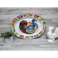 Vintage Bunte Emaille Granit Ware Truthahn Obst Und Blumen Servierplatte Oval von VintageTennHouse