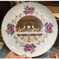 Schöner 30 cm Antiker Porzellan Teller Mit Transferware Des Letzten Abendmahls Jesus Christus Und Den Aposteln von VintageTinkerInk