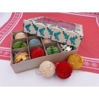 Vintage Mid-Century Wabenpapier Merkur Glas Weihnachtskugeln Ornamente Dekorationen Original Box von VintageJoyForAll