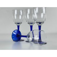 4Er Set Vintage Weingläser, Luminarc France Neptune, Kobaltblauer Stiel. Mid-Century Modern Barzubehör 1970Er von VintageaandeLinge