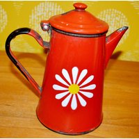 Schöne Vintage Metall Kaffeekanne Achtung Nur Noch Deko Weiß/Rot Mid Century Shabby Chic Landhausstil Retro von VintageandGlory