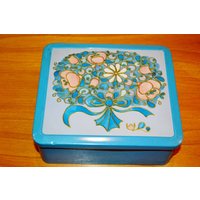 Vintage Blech Dose 70Er Jahre Blau /Beige Retro Space Age Design Mid Century Shabby Chic Landhausstil von VintageandGlory