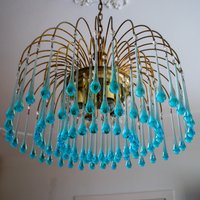Grand Murano Tear Drop Kronleuchter Vintage Wasserfall Pendelleuchte Türkis Glas Kristall, Hollywood Regency 1970Er Jahre von VintagedecoratingNL