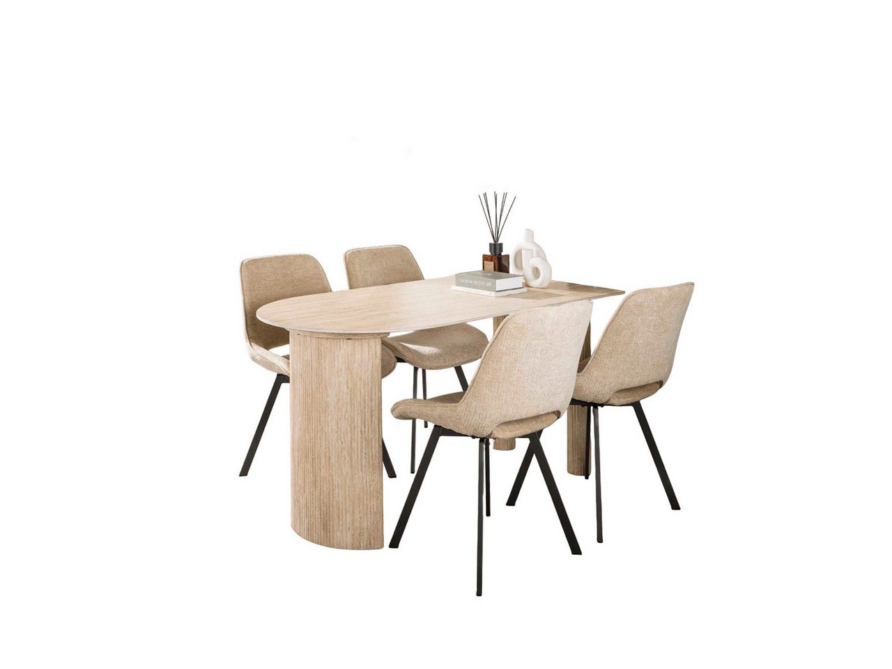 Vintagehaus Essgruppe 5er Set Half Arch 140 Travertin + 4 Drehstuhl Esszimmerstuhl Swivel von Vintagehaus