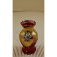 Vintage Glas Mini Gelbe Handbemalte Vase Blumenmotive von Vintagetimeon