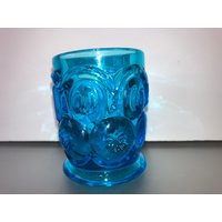 Vintage Le Smith Blauer Glaszahnstocher, Mond Und Sterne Kolonialblauer Glaszahnstocherhalter, Flat Top Schnapsglas von VintagevaluablDesign