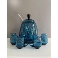 Vintage Mid-Century Modern Blaues Glas Punch Bowle-Set Mit Deckel Und Gläsern Party Serviergeschirr von Vintagewondershop