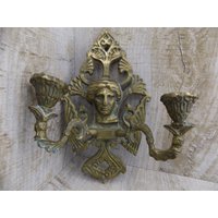 Vintage Kerzenständer Totem Metall Kerzenhalter Gesicht Ritual Zwei Kerzen Kupfer Mann Symbol Silber Antik von VintagioUA