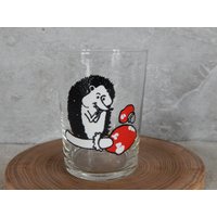Trinkglas Igel Mit Amanita Bild Vintage Glassware Glas Tumbler Cartoon Style von Vintegelane