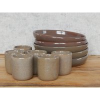 Vintage Keramik Trinkbecher Kuchen Teller Set Aus Graubrauner 1970Er von Vintegelane