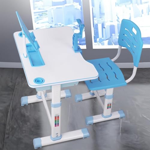Vinteky Kinderschreibtisch Stuhl Höhenverstellbar, Kindertisch Stuhl Set mit neigbarer Tischplatte Schreibtisch Kinder Mädchen & Jungs, Höhenverstellbarer Schreibtisch mit Schubladen (Blau) von Vinteky