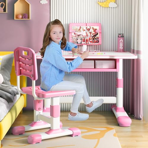 Vinteky Kinderschreibtisch Stuhl Höhenverstellbar, Kindertisch Stuhl Set mit neigbarer Tischplatte Schreibtisch Kinder Mädchen & Jungs, Höhenverstellbarer Schreibtisch mit Schubladen (Rosa) von Vinteky