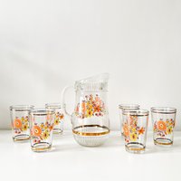 Vintage Mid Century Gläser Set Krug Limonade Kristall Glas Blumen Italien Flower Power 1970Er 70Er Jahre von Vinteology