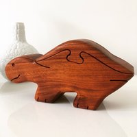 Vintage Mid Century Teak Holz Handgefertigt Figur Puzzle Dinosaurier Trinket Box 1970Er 70Er Jahre von Vinteology