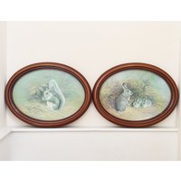 Vintage Kitsch Eichhörnchen & Kaninchen Ölgemälde Set Von Mike Nance - Gerahmt Original Kunst von VintologyUK