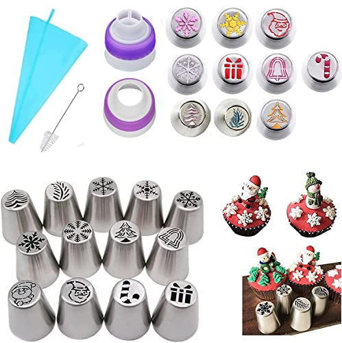 Russian Piping Tips Set, Christmas Flower Frosting Tips Piping Nozzles Cake Decoration,Stainless Steel Cupcake Frosting Piping Kit,Cake Baking Supplies for Cookie Cupcake Birthday Party (14 Pcs) von Vinxan